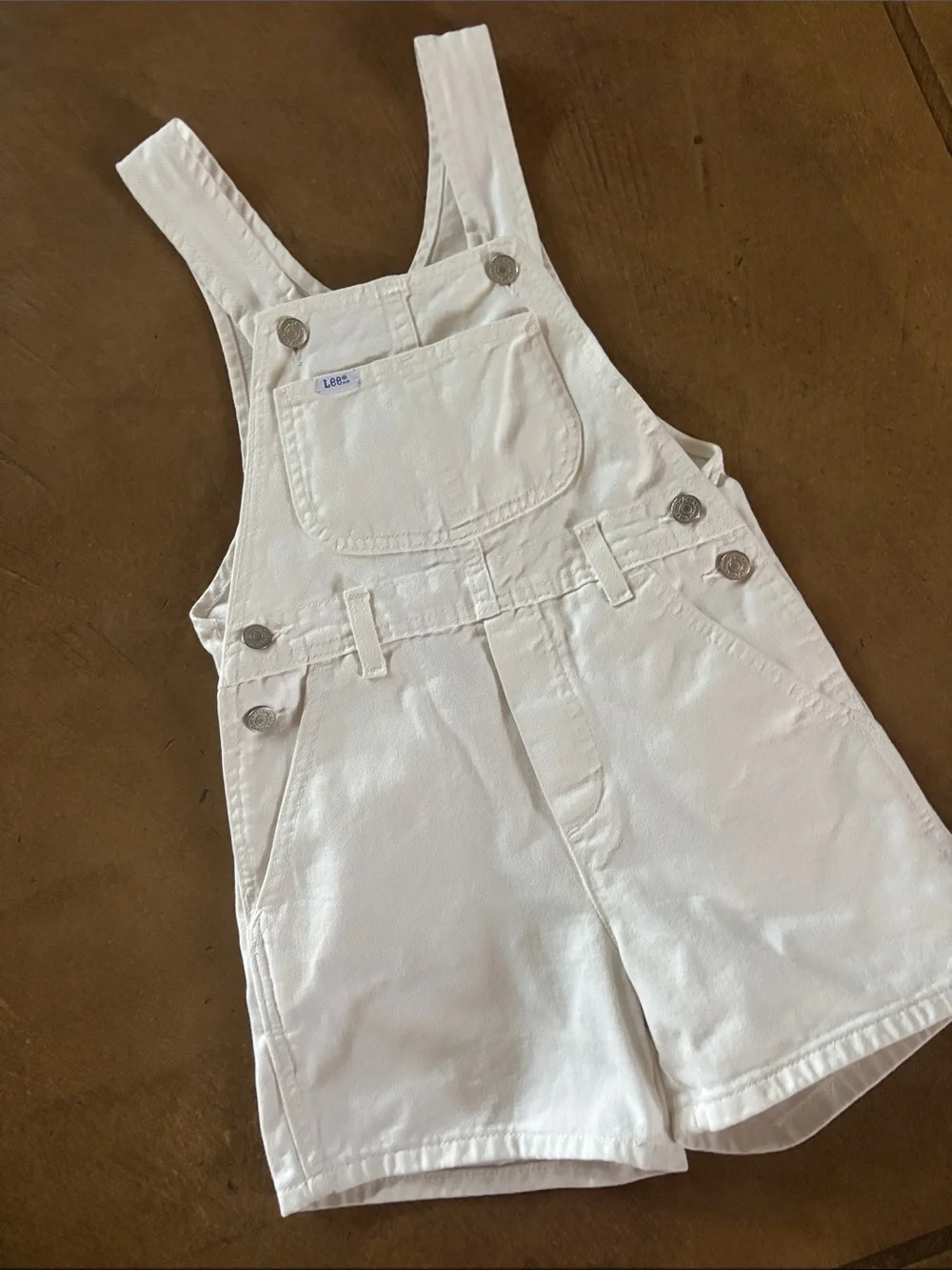 Vintage 70s/80s LEE Kids Small White Denim Jean Short Overalls Romper 7/8